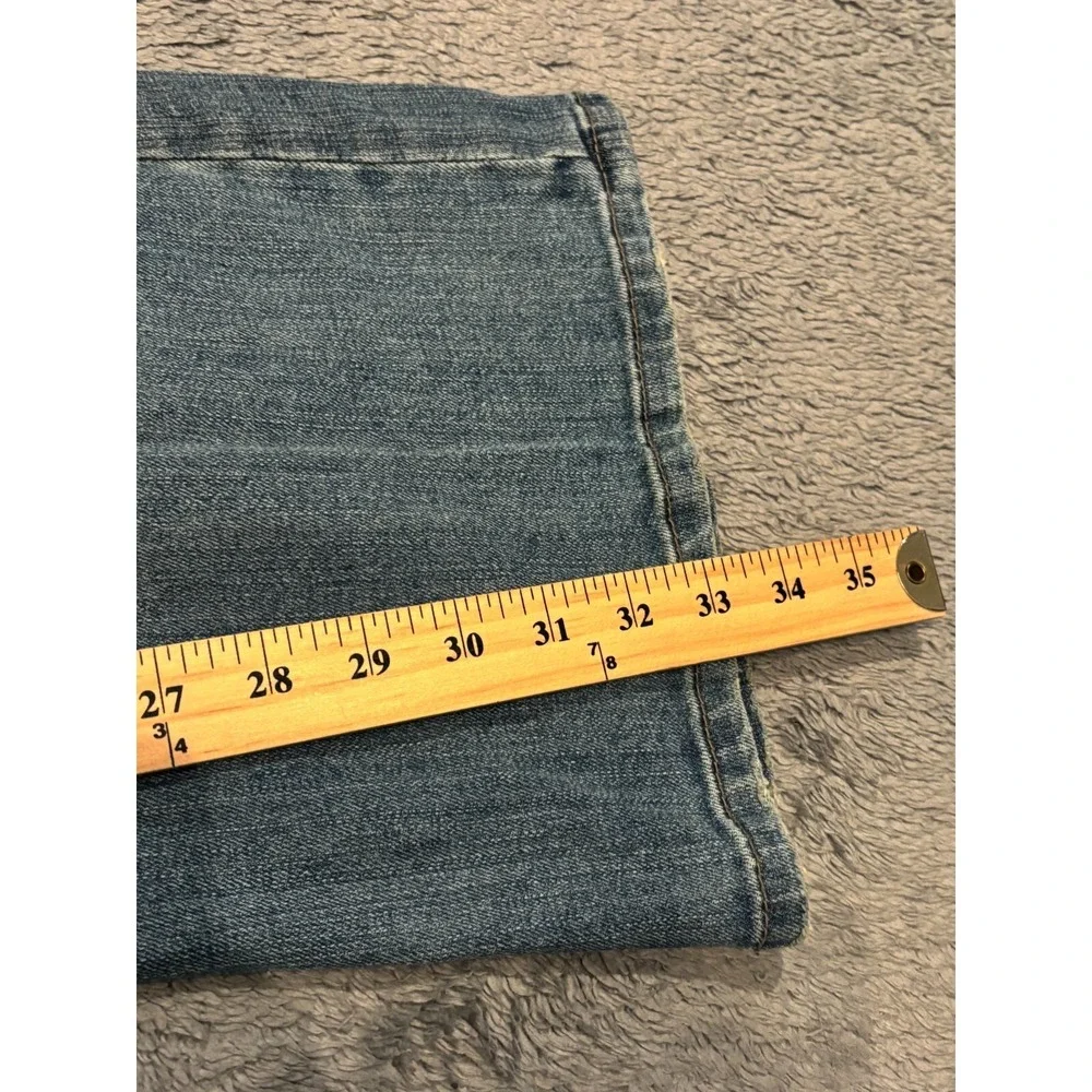 DKNY Jeans Womens 6 Soho Flare Denim Blue Medium Wash Distressed Hippie Splatter